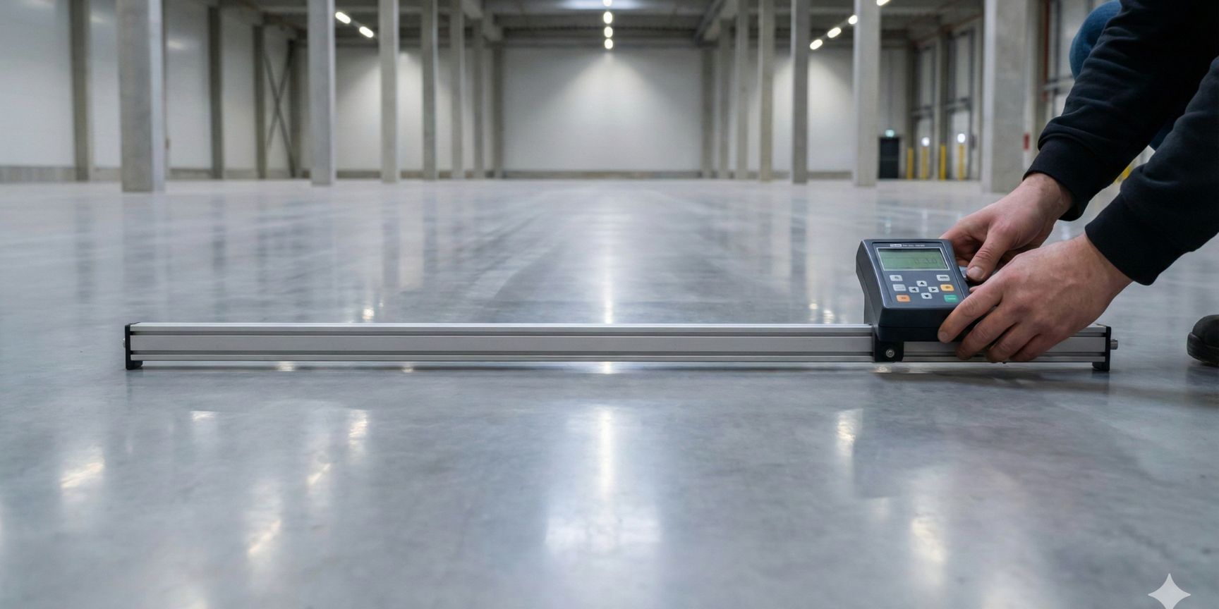 Ein Techniker misst mit einem speziellen digitalen Ebenheitsmessgerät die Oberflächenebenheit eines neu gegossenen, extrem glatten Betonbodens in einer leeren Logistikhalle. Dies ist eine kritische Anforderung für Schmalganglager.